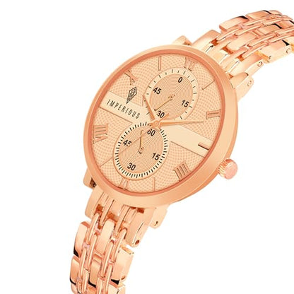 IMPEROUS - The Royal Way Women's Round Dial Watch | Quartz Movement | Elegant Metal Strap | Slim Design, Gold
