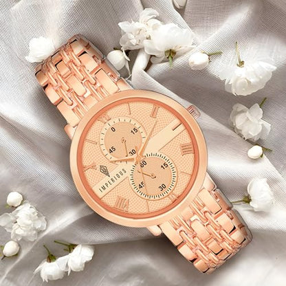 IMPEROUS - The Royal Way Women's Round Dial Watch | Quartz Movement | Elegant Metal Strap | Slim Design, Gold