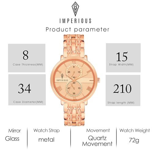 IMPEROUS - The Royal Way Women's Round Dial Watch | Quartz Movement | Elegant Metal Strap | Slim Design, Gold