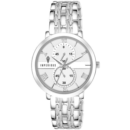 IMPEROUS - The Royal Way Women's Round Dial Watch | Quartz Movement | Elegant Metal Strap | Slim Design, Silver