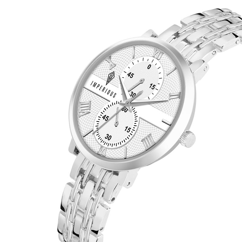 IMPEROUS - The Royal Way Women's Round Dial Watch | Quartz Movement | Elegant Metal Strap | Slim Design, Silver