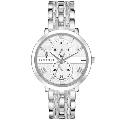 IMPEROUS - The Royal Way Women's Round Dial Watch | Quartz Movement | Elegant Metal Strap | Slim Design, Silver