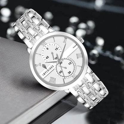 IMPEROUS - The Royal Way Women's Round Dial Watch | Quartz Movement | Elegant Metal Strap | Slim Design, Silver