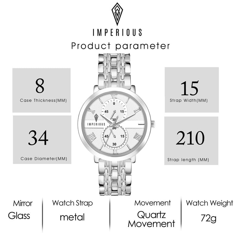 IMPEROUS - The Royal Way Women's Round Dial Watch | Quartz Movement | Elegant Metal Strap | Slim Design, Silver