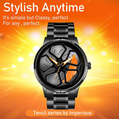 IMPERIOUS Men's Watch New Wheels Rolling Analog Stainless Steel || Quartz Movement|| Water Resistant Wristwatch - Orange