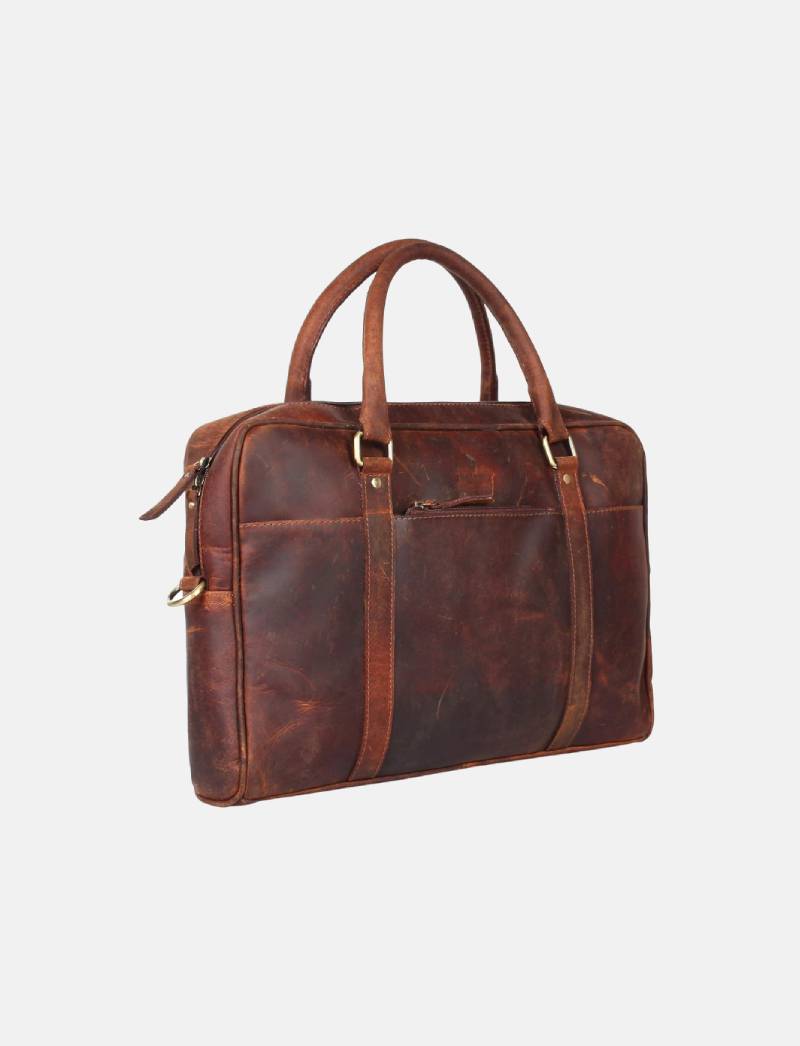 Pure Leather Men's Laptop Tablet Messenger Cross Body Briefcase Bag (Rugged Brown - 16.5inch )